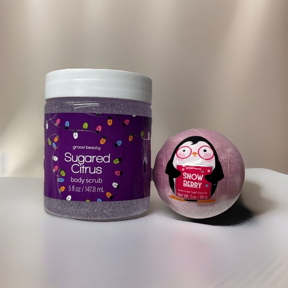 2 Set Bath Body Sugared Citrus Sparkly Scrub, Snow Berry Pink Shimmer Bath Bomb